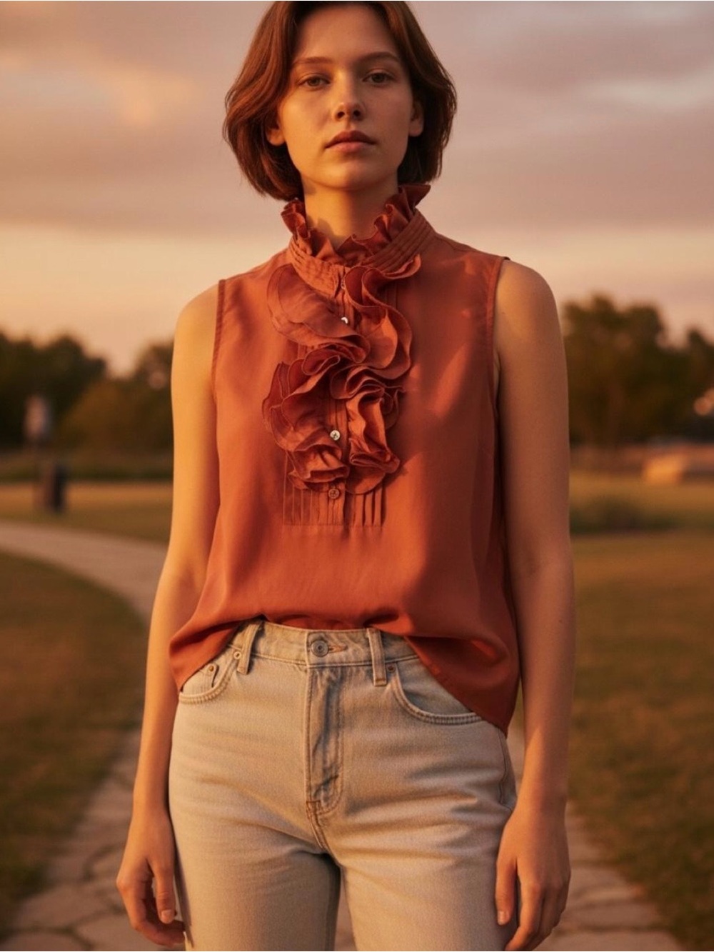 J.Crew Silk Sleeveless Ruffle-Neck Blouse in Rust Size 4 Work Office Preppy